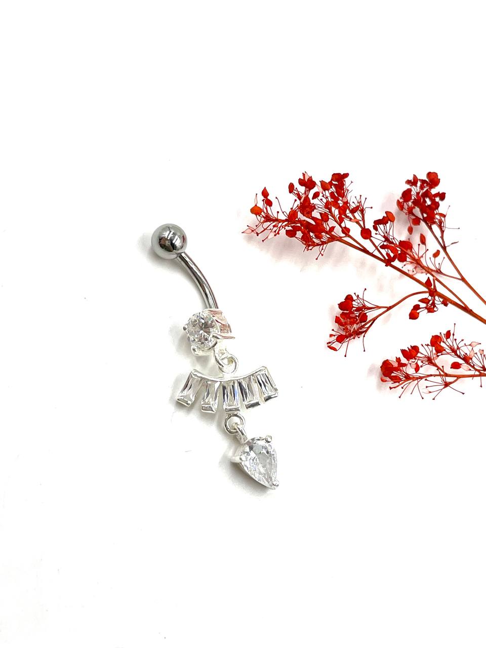 پیرسینگ نقره ناف | آویز طرح اشک با نگین سفید