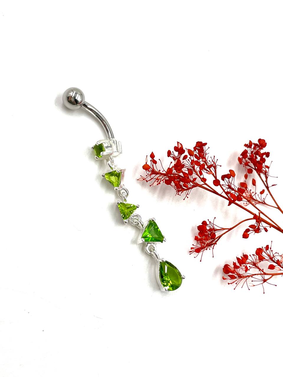 پیرسینگ نقره ناف | آویز طرح اشک با نگین سبز