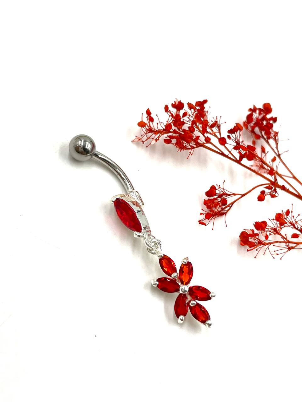 پیرسینگ نقره ناف | طرح تک گل آویز قرمز