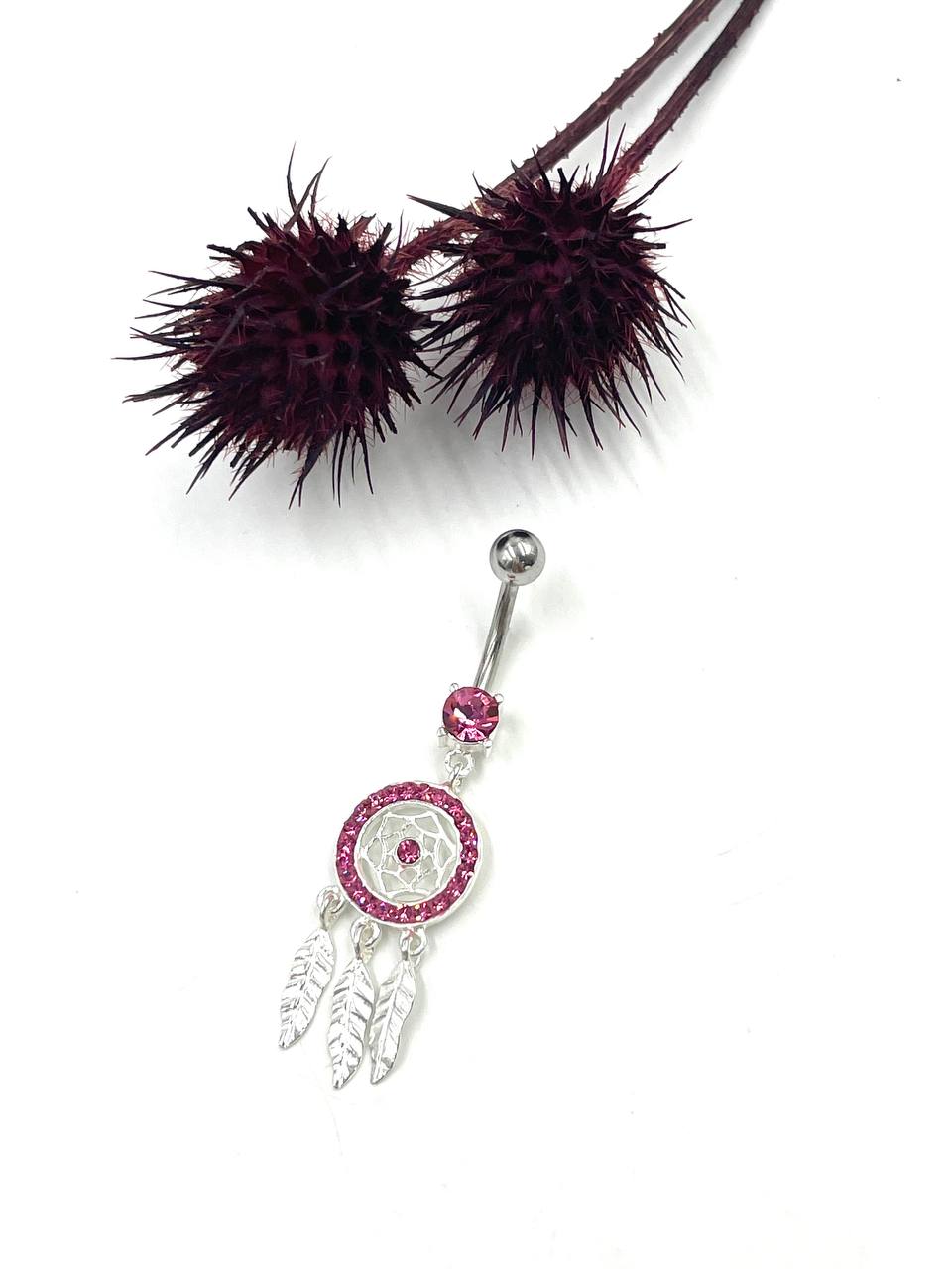 پیرسینگ نقره ناف طرح دریم کچر با نگین قرمز